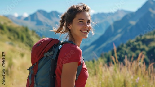 Chica joven senderista disfruta de un hermoso día de trekking en las montañas con mochila 
