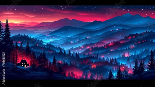 Mountains and a lake in the distance, surrounded by a purple alpine panorama, wallpaper, Generative AI.