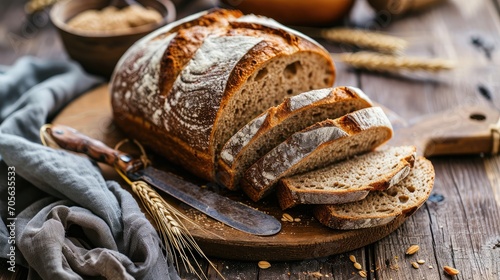 Bread, traditional sourdough bread cut into slices on a rustic wooden background. Concept of traditional leavened bread baking methods. Healthy food. 