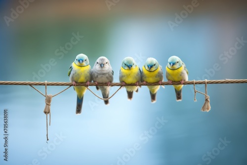group of budgerigars perched on a rope swing