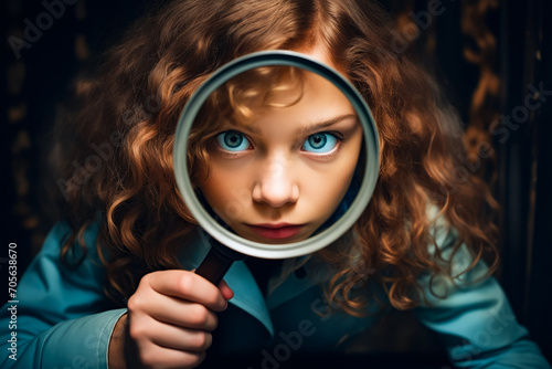 Woman looking through magnifying glass at the camera.