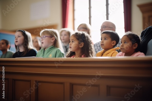 jury box filled with children eagerly watching the trial