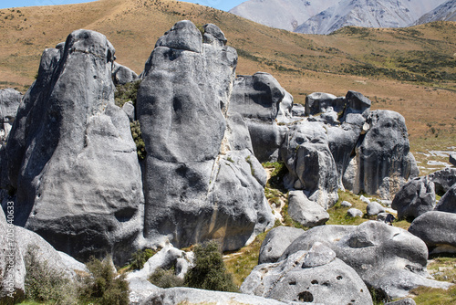 Large natural stones in Castle Hill Nature Park, New Zealand. Tourist spots. Travel.