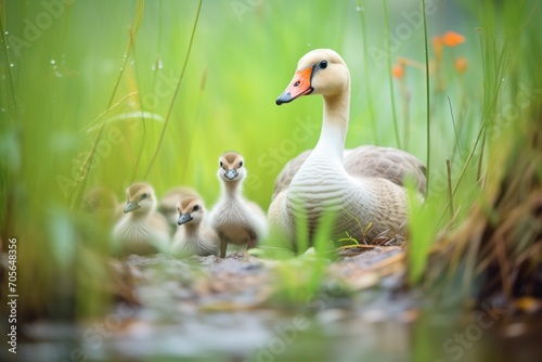 mother goose with goslings exploring underbrush