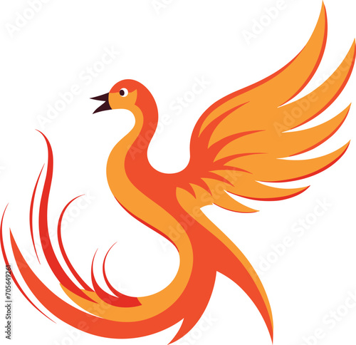 Orange and yellow phoenix bird in flight with spread wings. Mythical fire phoenix soaring, symbol of rebirth. Eternal life and mythology concept vector illustration.