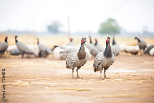 guinea fowls interacting in open farmland