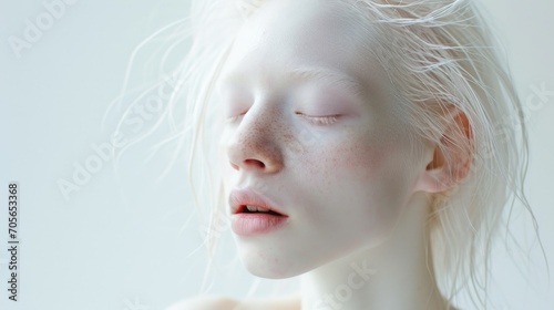 Beautiful albino woman exuding grace and elegance against a white backdrop.
