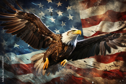 American bald eagle flying against the background of the American flag.