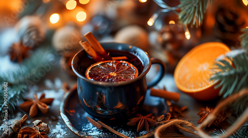 Mulled wine in beautiful glasses, fruits, oranges, cinnamon, a festive and cozy atmosphere. Photorealistic, background with bokeh effect. 