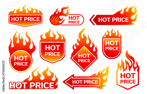 Hot price promotion labels with fire flames for sale offer, vector badges. Discount promo or special deal for hot price, shop labels and stickers with red yellow burning fire flames for store signs