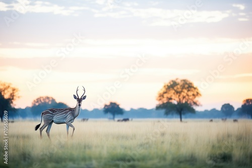 lone impala grazing in savannah at sunrise