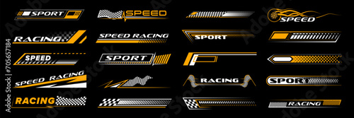 Yellow racing sport car stickers and race line decals, vector stripe arrows. Auto art decals with car wheels, start or finish checkered flag backgrounds for rally ride, drag racing and drift sport