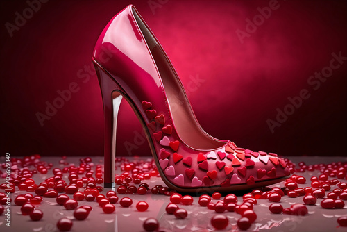 Red high heels shoes with hearts decoration. Valentine's Day concept. 