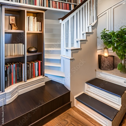 A cozy reading nook tucked under a staircase with built-in bookshelves2