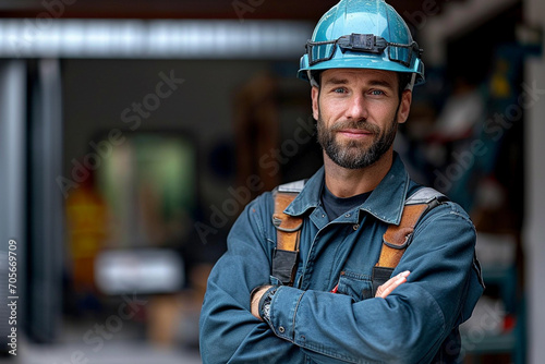 smiling roofer stands on foreground, house with new roof on background in bokeh