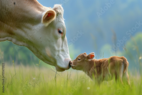 A cow with her cub, mother loves and cares in everyday life