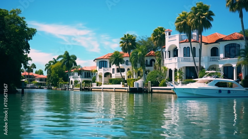 Picture of luxury mansion homes along inner coastal waterway river in Florida. Tropical vacation and summer home.