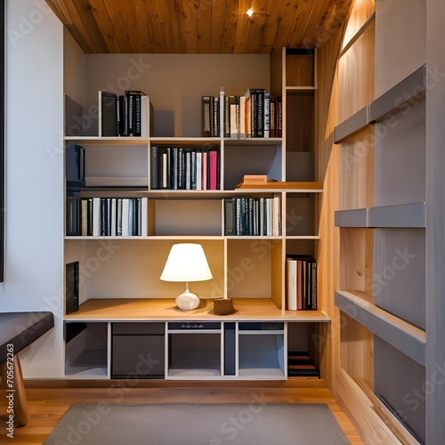 A cozy reading nook tucked under a staircase with built-in bookshelves5