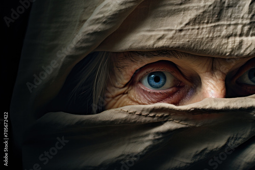 Intense gaze of a person peering through fabric, with striking blue eyes conveying a myriad of emotions
