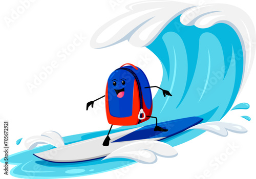 Cartoon backpack school supply character riding surfboard on summer beach vacation. Isolated vector student bag personage catching tide waves enjoying extreme sport recreation and fun on the ocean