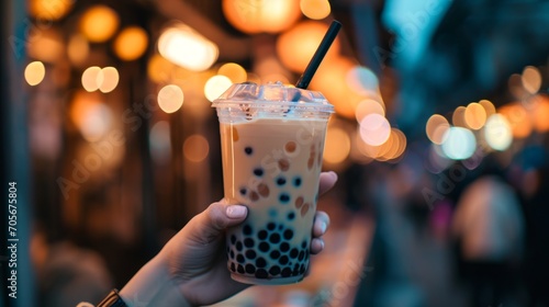 Female hand holding Bubble tea Asian sweet cold tapioca pearls drink night city.