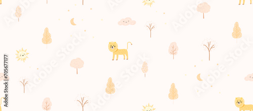 Cute boho kids pattern, seamless background with trees, hand drawn lion on light neutral background. Vector wallpaper design for nursery room