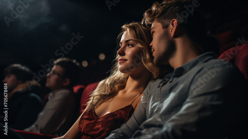 Young couple embracing while watching suspenseful