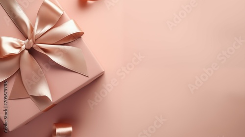 A pink gift box with ribbon on pink background.