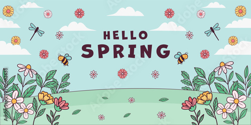 hand drawn spring landscape horizontal banner illustration