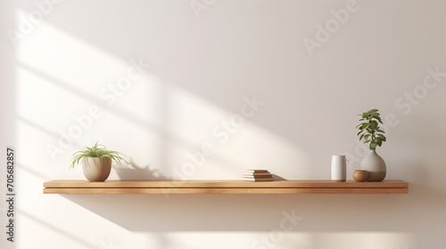 Modern Minimalism: White Wall with Wood Floating Shelf Enhances Living Room Decor