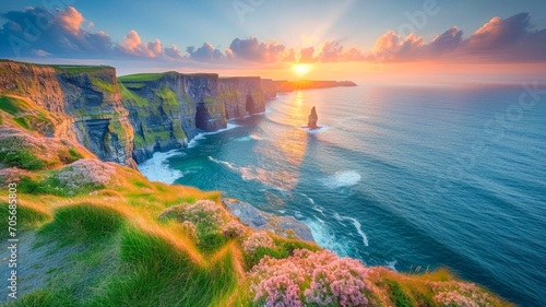 fantastic typical Irish landscape, with green hills and cliffs by the sea, St. Patrick's Day celebration, March 