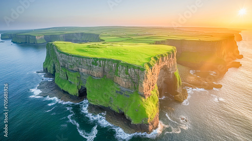 fantastic typical Irish landscape, with green hills and cliffs by the sea, St. Patrick's Day celebration, March