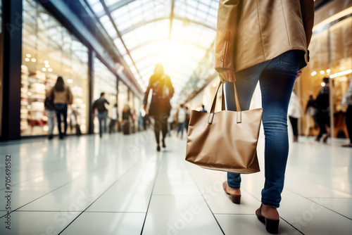 Mujer con bolso de compras caminando en un centro comercial. Vista desde atrás, comprando ropa y regalos en rebajas y descuentos comerciales.
