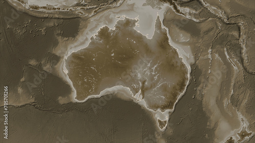 Australia outlined. Sepia elevation map
