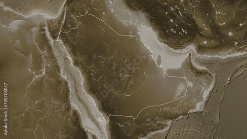 Saudi Arabia outlined. Sepia elevation map