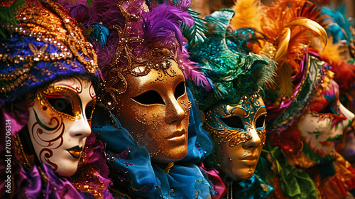Horizontal beautiful image of Venetian carnival performers wearing masks. Background for banner, flyer, advertising, travel concept