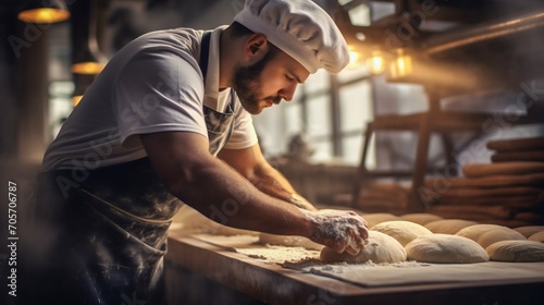 Artisan Baker Shaping Dough in Sunlit Bakery. Generative ai