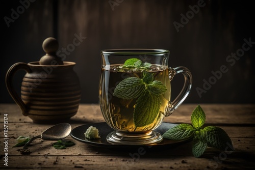 Green tea in a cup and leaves on the table. Glass mug.