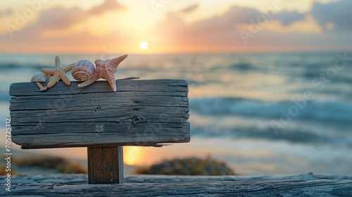 Seashells on Wooden Sign at Sunset Beach