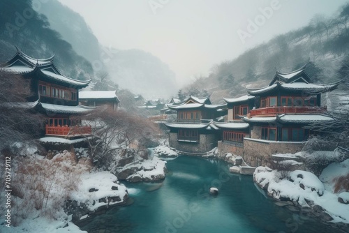 Scenic wintery Chinese village with river. Generative AI