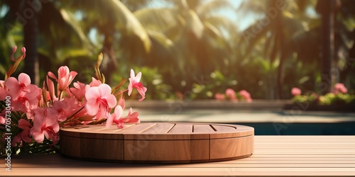 Empty round wooden podium with tender exotic fowers on wooden table opposite tropical spa resort background. Scene stage showcase for beauty and spa products, cosmetics, promotion sale or advertising