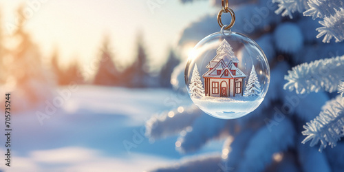 A house model in a transparent keychain ball hangs on a Christmas tree branch against the backdrop of a winter forest on a sunny day. Concept of buying a house, real estate, land