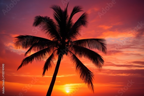  a palm tree is silhouetted against an orange and pink sky as the sun sets on the horizon of a beach in costa rica, costa rica, costa rica.