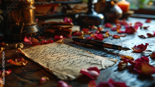 Handwritten Love Letters: An image of handwritten love letters and cards on a table surrounded by rose petals and a pen