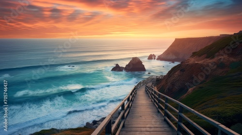 Empty wooden walkway on the ocean coast in the sunset time, pathway to beach