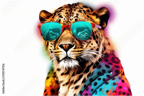  a painting of a leopard with sunglasses on it's head, wearing a colorful jacket and a colorful shirt with a leopard print on it's chest and a white background.