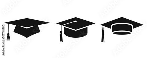 Graduation cap icon set. University or college graduation hat icons. Student graduation cap diploma vector illustration