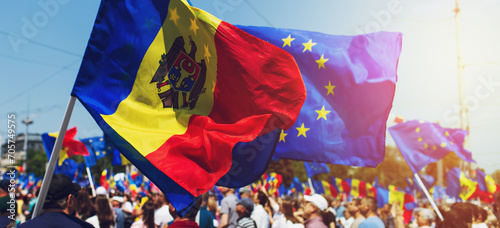 Assembly of the European Moldova. National meeting of the Moldavian people. Flag of the European Union and Republic of Moldova.