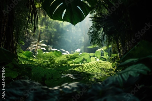  a forest filled with lots of green plants and a light at the end of the tunnel is shining down on the leaves of the trees and the plants in the foreground.