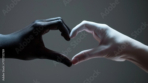 Valentines day concept: Inter-racial love couple, White and black hand forming heart sign, Racial unity to Fight against racism and racial discrimination, Promotion of Equality diversity inclusion